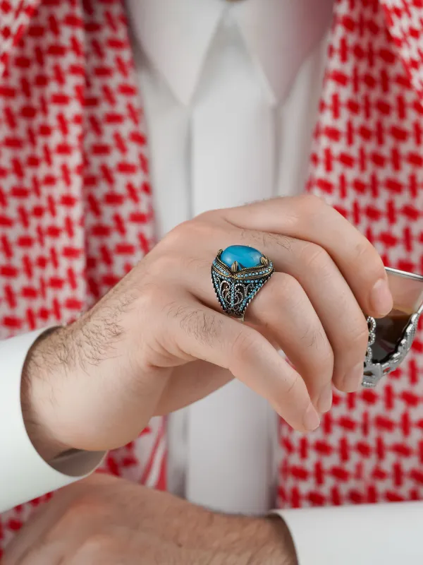 خاتم فضة رجالي بحجر الفيروز